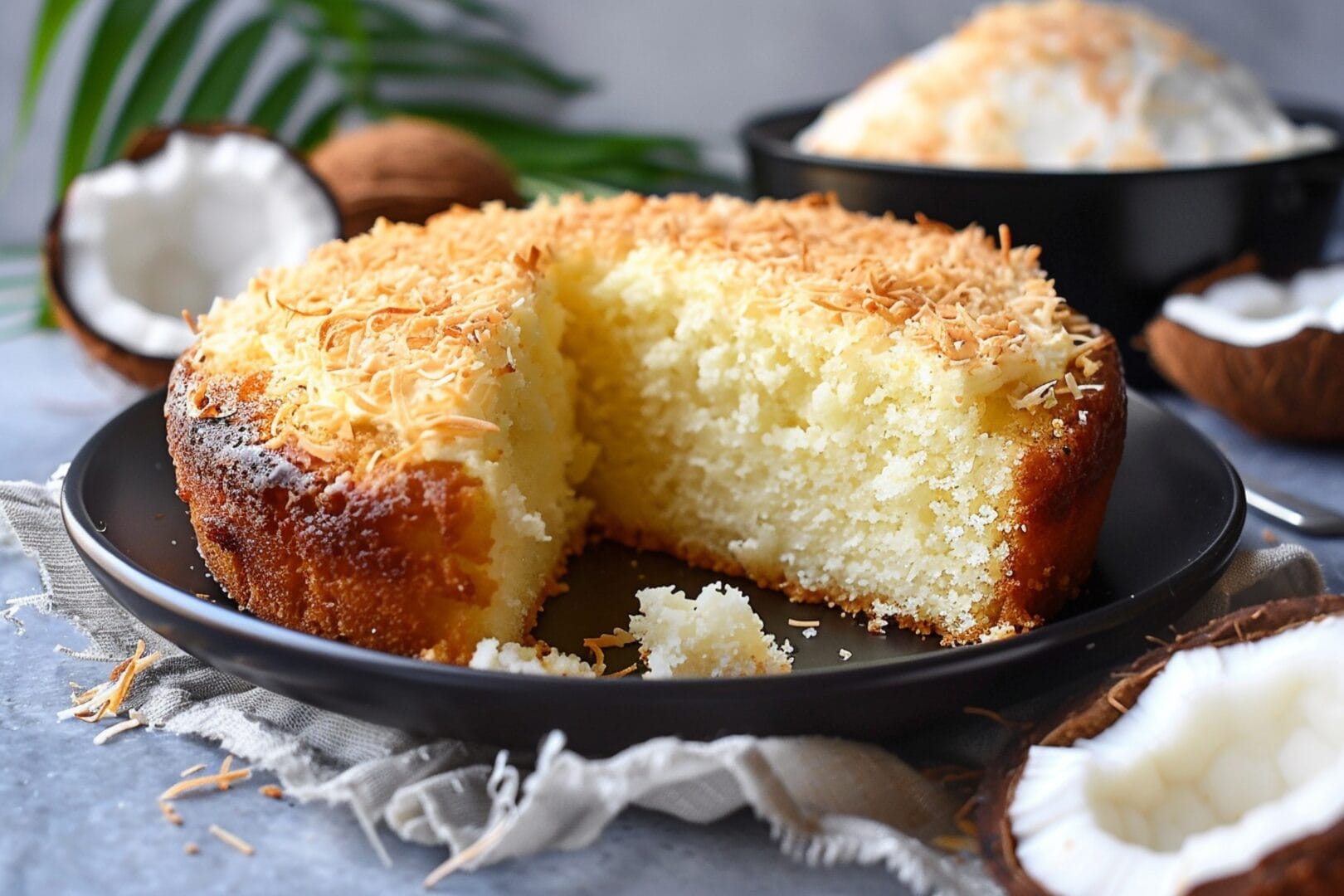 slice coconut cake with dusting coconut flour